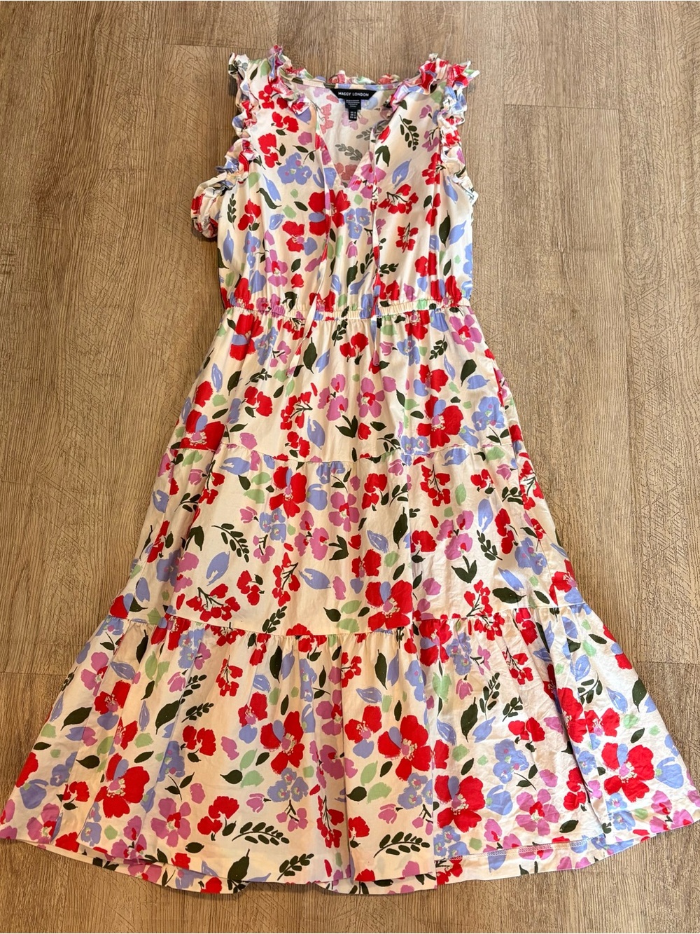 Maggy London Floral Midi Dress in Red, Pink, Purple, Green on Cream